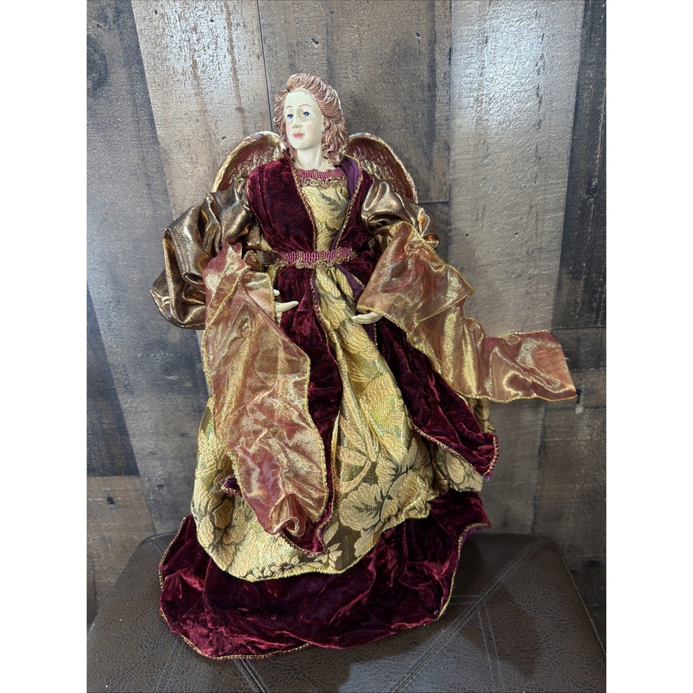 17" Victorian Christmas Angel Tree Topper Burgundy Velvet Gold Gown Vintage MCM